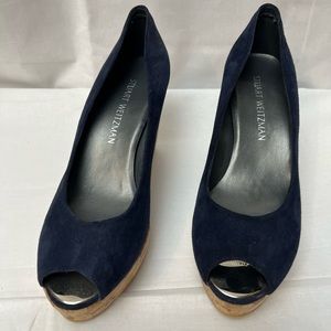 Stuart Weitzman blue suede cork wedge